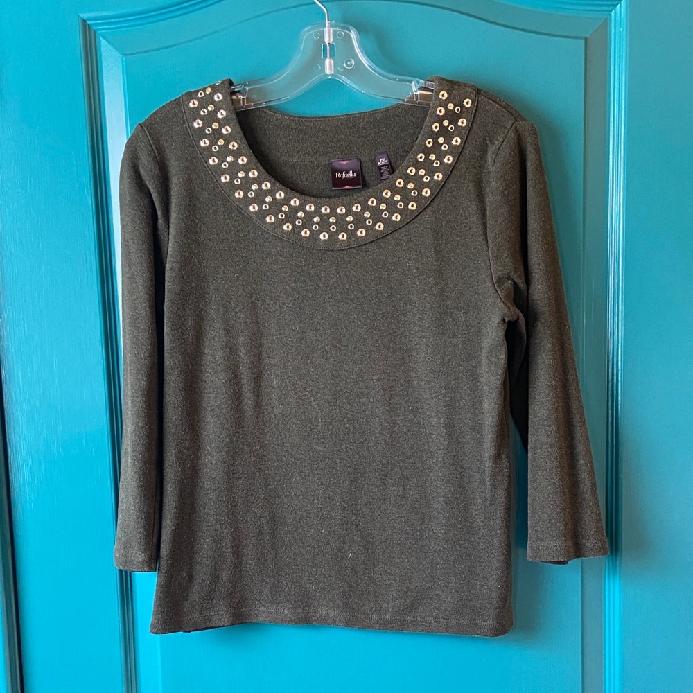 Rafaela Green Heather Top / Embellished gold studded Neckline Size PS